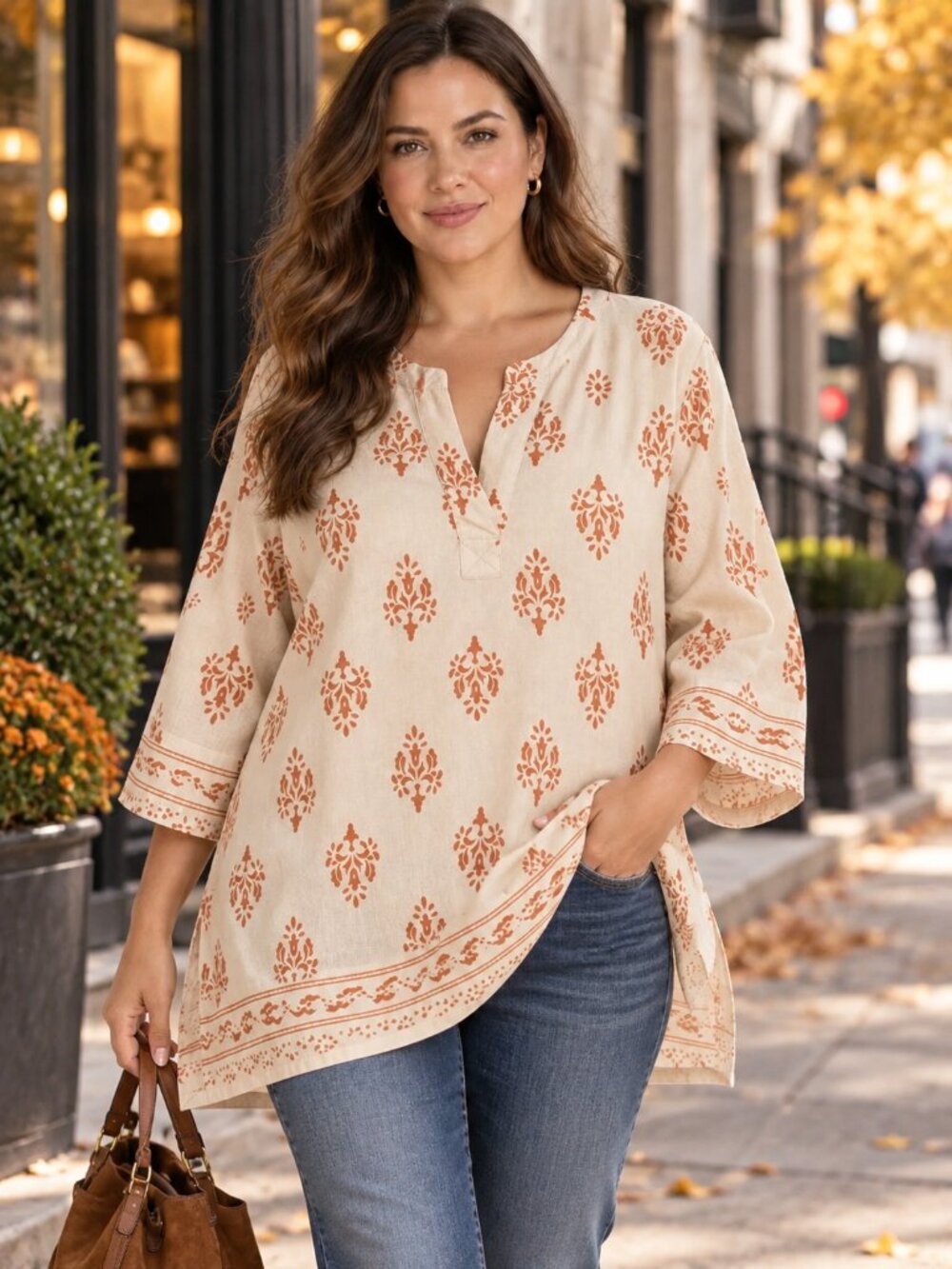 Tahari 2XL Cream Orange Linen Blend Tunic Split V-Neck Coastal Boho Resort Fall